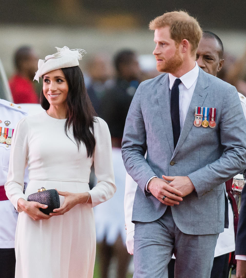 SUVA, FIJI - OCTOBER 23:  Prince Harry, Duke of Sussex and Meghan, Duchess of Sussex attends an official welcome ceremony in the city centre's Albert Park on October 23, 2018 in Suva, Fiji. The Duke and Duchess of Sussex are on their official 16-day Autumn tour visiting cities in Australia, Fiji, Tonga and New Zealand.  (Photo by Samir Hussein/Samir Hussein/WireImage)