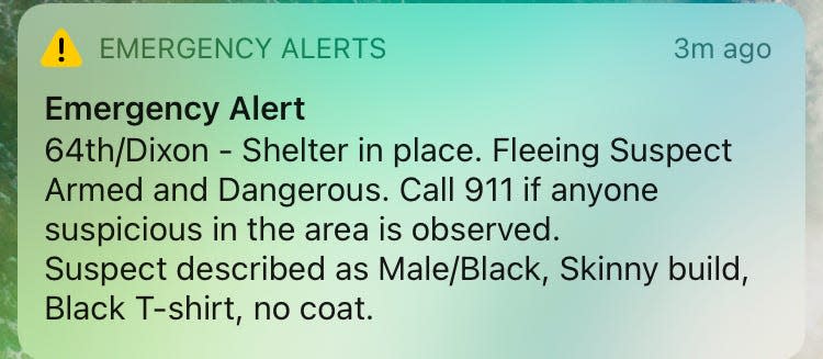 This emergency alert was issued to cell phones after a Milwaukee County sheriff's deputy was shot multiple times early Wednesday.