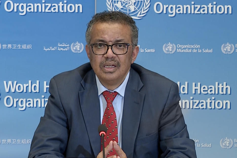 A TV grab taken from a video released by the World Health Organization (WHO) shows WHO Chief Tedros Adhanom Ghebreyesus attending a virtual news briefing on COVID-19 (novel coronavirus) from the WHO headquarters in Geneva on April 6, 2020. - The WHO said on April 6, 2020 that facemasks could be justified in areas where hand-washing and physical distancing were difficult, as it teamed up with Lady Gaga to launch a giant coronavirus awareness concert. (Photo by - / AFP) (Photo by -/AFP via Getty Images)