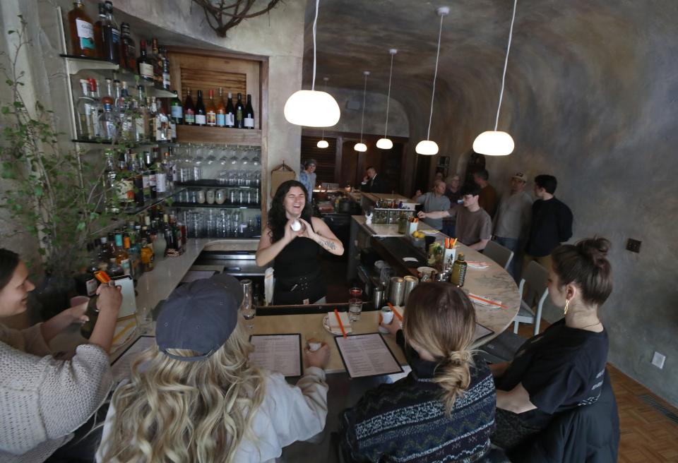 Bartender Flo Cardella shares a laugh with patrons as she shakes up a mixed drink at Leonore's on Park Avenue in Rochester.