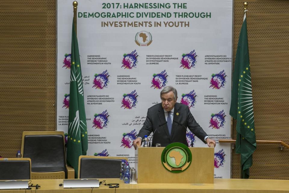 UN Secretary-General Antonio Guterres delivers a speech at the headquarters of the African Union (AU) in Addis Ababa, Ethiopia, during the 28th Ordinary Session of the Assembly of the African Union. Monday, Jan. 30, 2017. Guterres on Monday commended African countries for opening their borders to refugees and people fleeing violence. (AP Photo/Mulugeta Ayene)