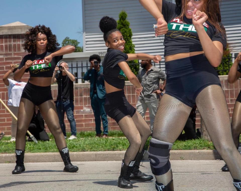 Dancers with Reign KC performed in front of the judges stand at the JuneteenthKC 2021 Cultural Parade Saturday, June 12, 2021 in the Historic Jazz District near 18th and Vine.