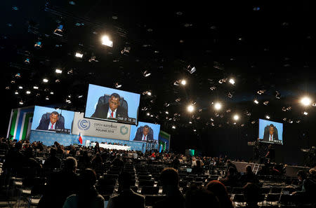 SBI chairman Emmanuel Dumisani Dlamini is seen on giant screens during the COP24 UN Climate Change Conference 2018 in Katowice, Poland December 2, 2018. REUTERS/Kacper Pempel