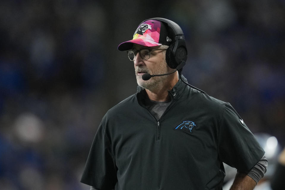 Carolina Panthers head coach Frank Reich watches from the sideline in the second half of an NFL football game against the Detroit Lions in Detroit, Sunday, Oct. 8, 2023. (AP Photo/Paul Sancya)