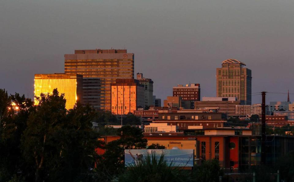 The Columbia skyline and the Gervais Street bridge as seen from West Columbia.