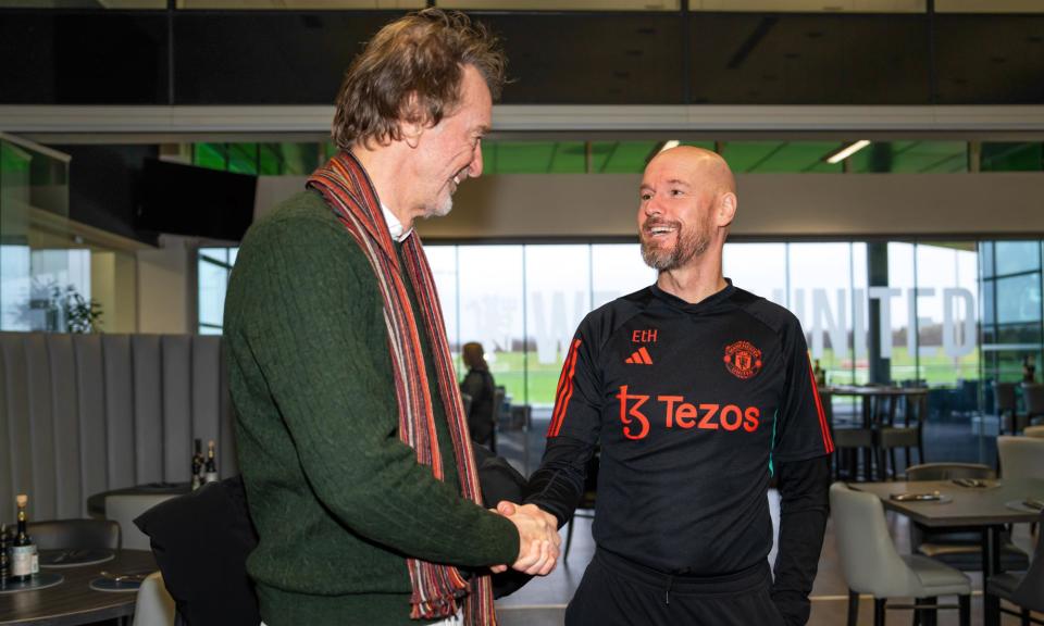 <span>Sir Jim Ratcliffe (left) with Erik ten Hag during a visit to <a class="link " href="https://sports.yahoo.com/soccer/teams/manchester-united/" data-i13n="sec:content-canvas;subsec:anchor_text;elm:context_link" data-ylk="slk:Manchester United;sec:content-canvas;subsec:anchor_text;elm:context_link;itc:0">Manchester United</a>’s training ground in January.</span><span>Photograph: Manchester United/Getty Images</span>