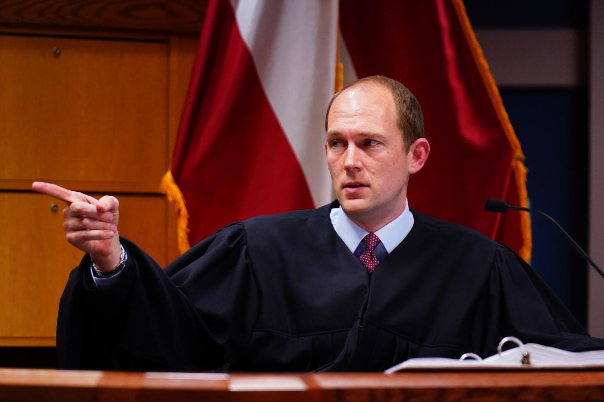 Judge Scott McAfee during a hearing Dec. 1, 2023, in Superior Court of Fulton County before in Courtroom 5A in the case of State of Georgia v. Donald Trump.