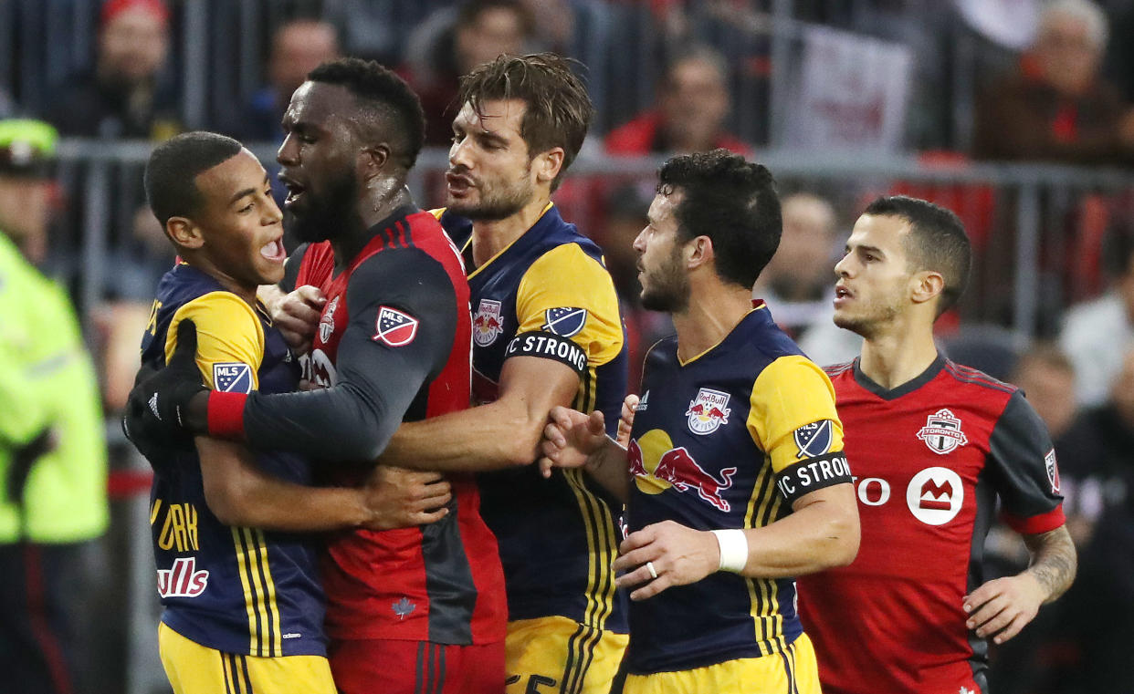 Jozy Altidore was given a yellow card for a ridiculous dive, then sent off at halftime for violent conduct in the tunnel. (Getty)