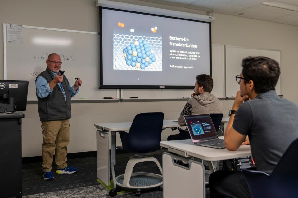 At least 70% of workers at Intel's future Licking County-based fabs are estimated to be technicians, a role that only requires an associate degree. Chris Dennis teaches about nanofabrication in a micro-electro-mechanical systems fabrication class at Columbus State.