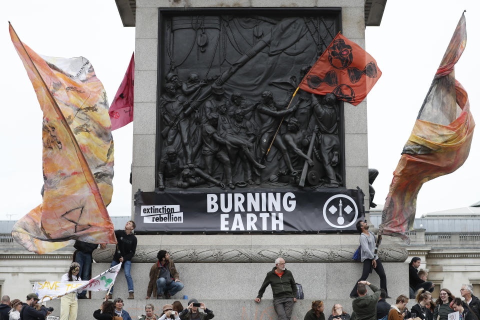Climate protestors occupy Trafalgar Square in central London Monday, Oct. 7, 2019. (Photo: Alastair Grant/AP