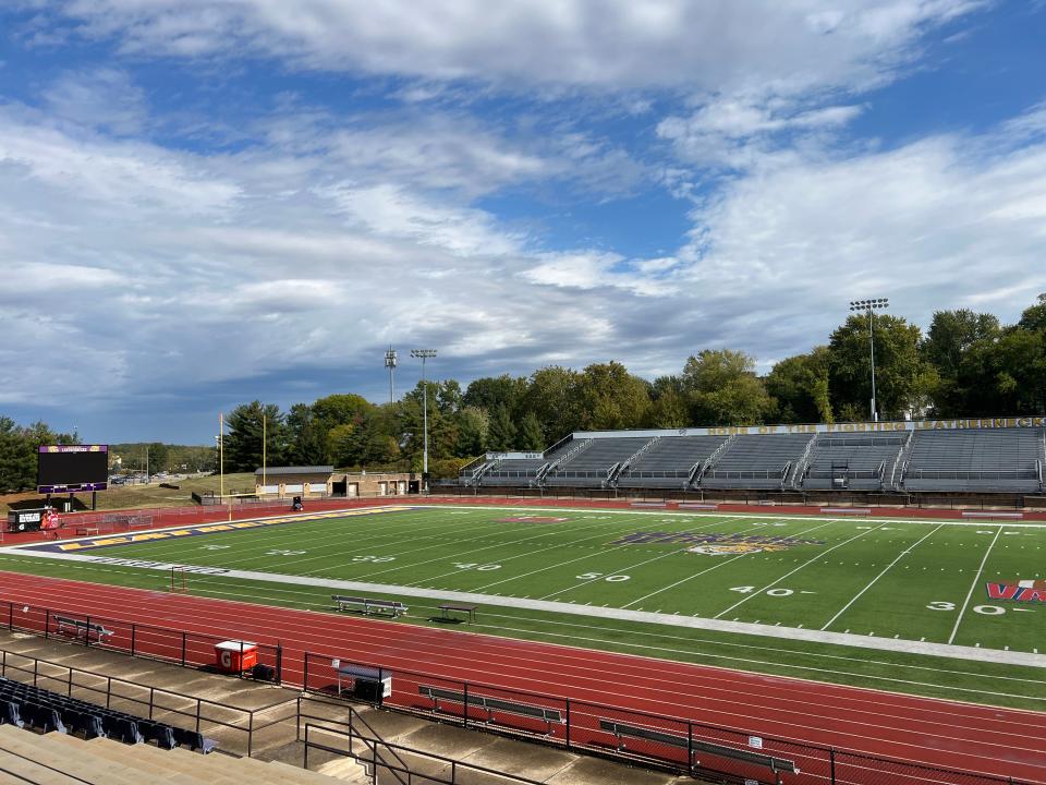 The turf of Hanson Field, home of the Western Illinois Leathernecks, is surrounded by a red track. Bleachers make up the entirety of the seating at the field, and roughly 10% of seats have seat backs.