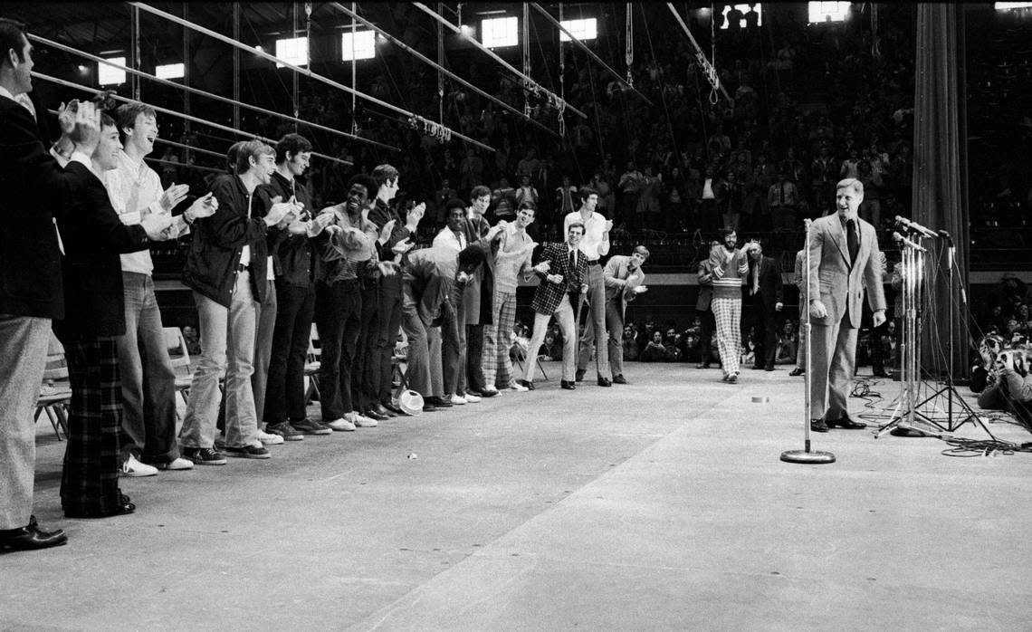 NC State coach Norm Sloan and the Wolfpack players at a pep rally in Reynolds Coliseum before the team’s departure for the Final Four in 1974.