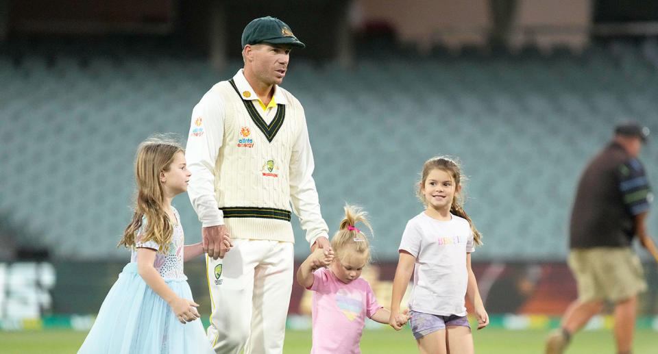 David Warner is seen here with his three daughters at the Adelaide Oval in 2021. Pic: Getty