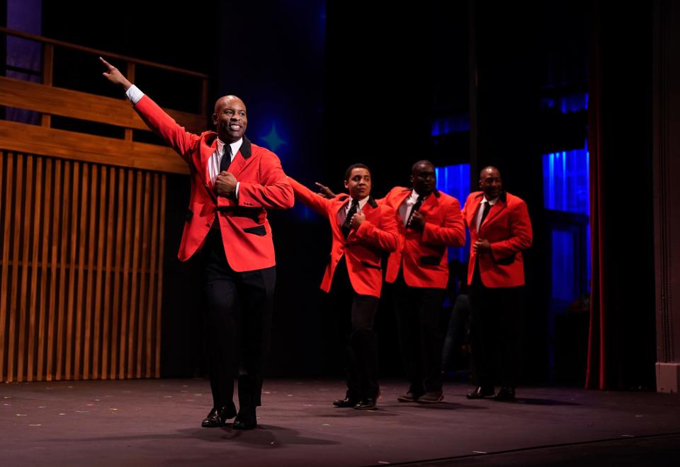 Domonique Glover, Jonathon LaBelle, Brian Jones and JeeMell Green play The Drifters, one of the groups that performed Carole King's songs, in “Beautiful: The Carole King Musical” at the Croswell Opera House.