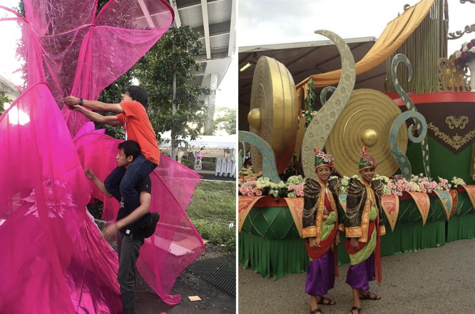 Ragitya carrying his father on his shoulders while fixing a costume (left) and Ragitya with a fellow Chingay performer in 2014 (right) (Photos: Ragitya Firstatama)