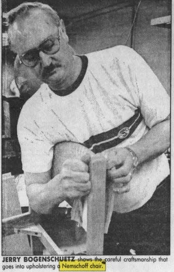 Former Nemschoff Chairs employee Jerry Bogenschuetz upholsters a chair, as seen in April 1990.