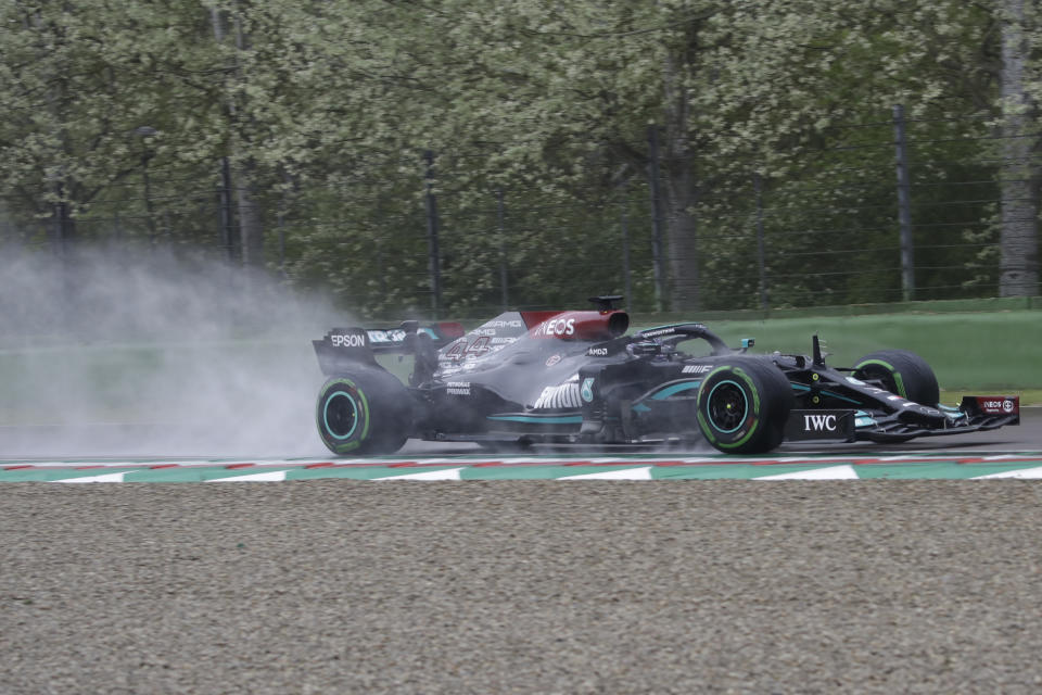 Mercedes driver Lewis Hamilton of Britain steers his car during the Emilia Romagna Formula One Grand Prix, at the Imola racetrack, Italy, Sunday, April 18, 2021. (AP Photo/Luca Bruno)