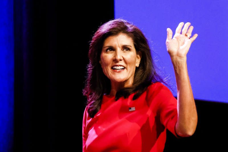 Republican presidential candidate Nikki Haley waves as she takes the stage to speak at the 2023 Republican Party of Iowa Lincoln Dinner in Des Moines, Iowa, on July 28. Haley is campaigning in New Hampshire on Tuesday and Wednesday. File Photo by Tannen Maury/UPI