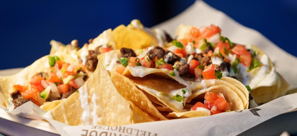 Carne asada nachos, with steak cooked fresh to order, sit on display Monday, Oct. 16, 2023, at a press conference announcing food options for the 2023-24 event season inside Gainbridge Fieldhouse.