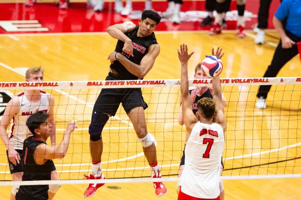 Ball State men's volleyball's Felix Egharevba in the team's MIVA championship match against Ohio State in Worthen Arena on Saturday, April 22, 2023.