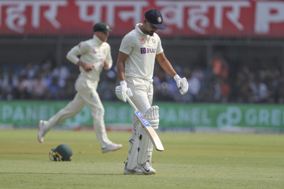 India's Shreyas Iyer walks back to pavilion after his dismissal during the first day of third cricket test match between India and Australia in Indore, India, Wednesday, March 1, 2023. (AP Photo/Surjeet Yadav)