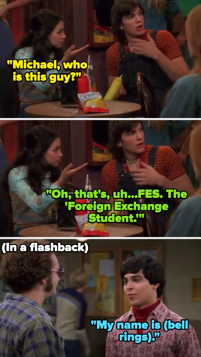 Character asks "Who is that?" and is told "FES — the Foreign Exchange Student"