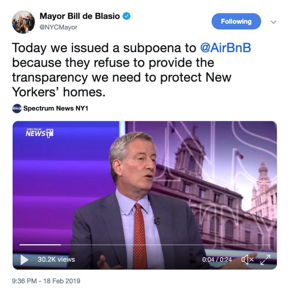 NYC Mayor Bill de Blasio Tweet Feb. 18, 2019