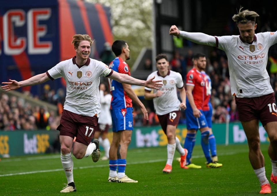 <span>Manchester City's Kevin De Bruyne celebrates scoring their fourth goal.</span><span>Photograph: Tony O'Brien/Reuters</span>