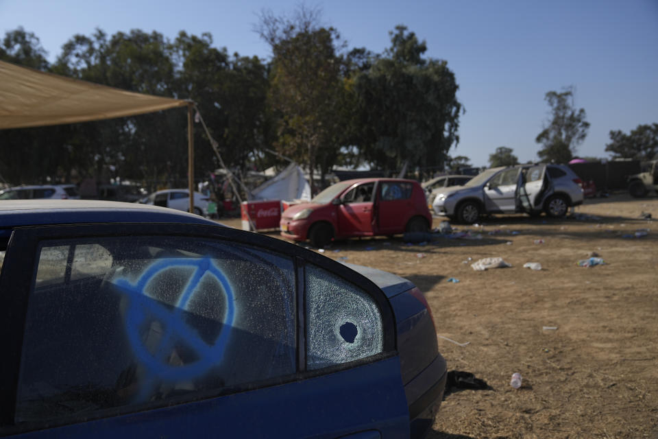 The site of a music festival near the border with the Gaza Strip in southern Israel is seen on Thursday. Oct. 12, 2023. At least 260 Israeli festivalgoers were killed during the attack by Hamas gunmen last Saturday. (AP Photo/Ohad Zwigenberg)