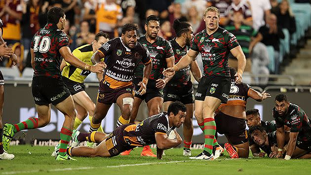 Moga's contentious try saw the Broncos draw level. Pic: Getty