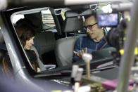 This Sept. 18, 2015 photo shows Fred Armisen, right, in a car with co-star Carrie Brownstein during filming of the series, "Portlandia" in Portland, Ore. Brownstein and Armisen conceived the series with fellow executive producer Jonathan Krisel, and the two of them play various and sundry characters. (AP Photo/Don Ryan)