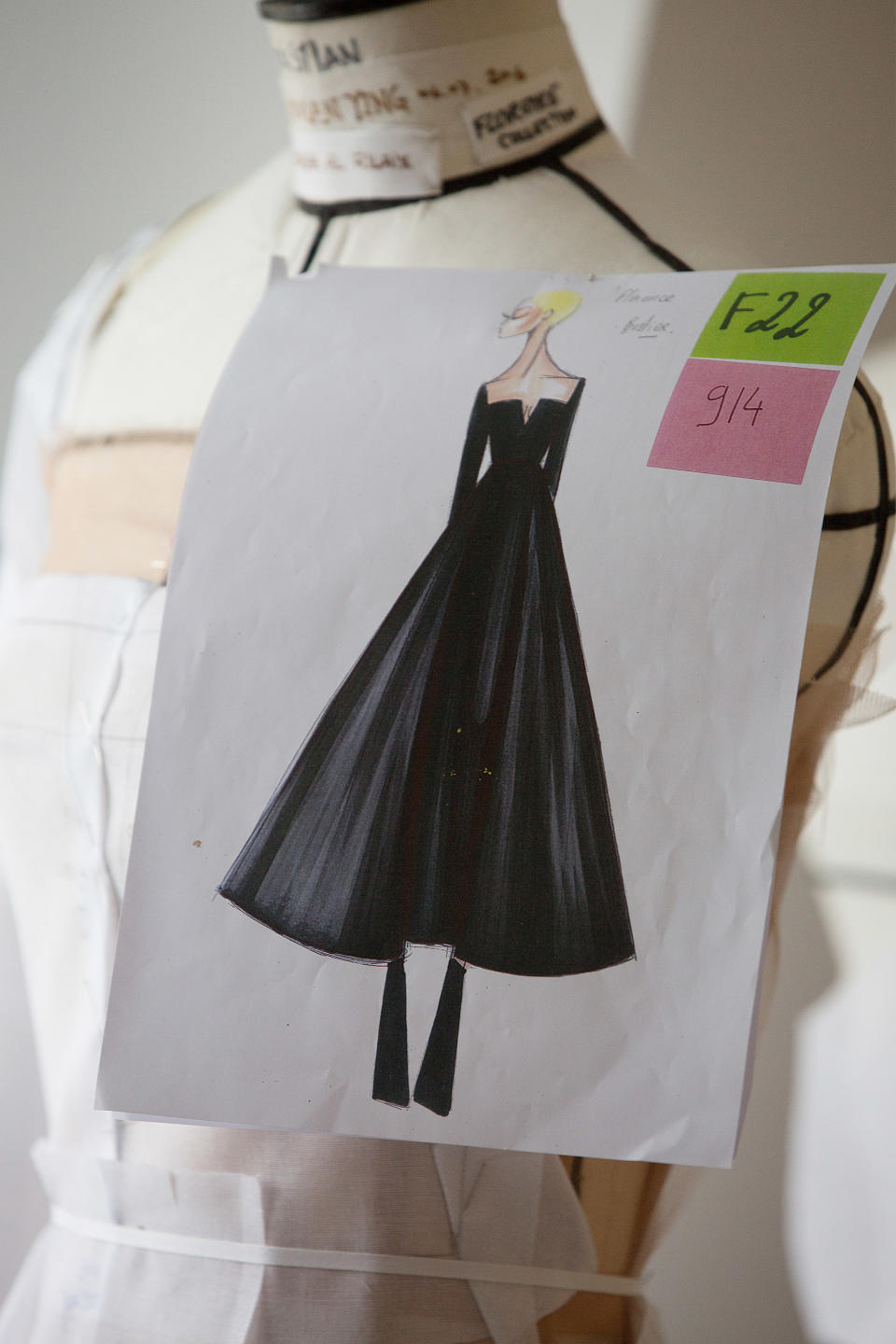 <p>The final sketch of the gown shows the full skirt and square neckline of the dress in detail.</p>