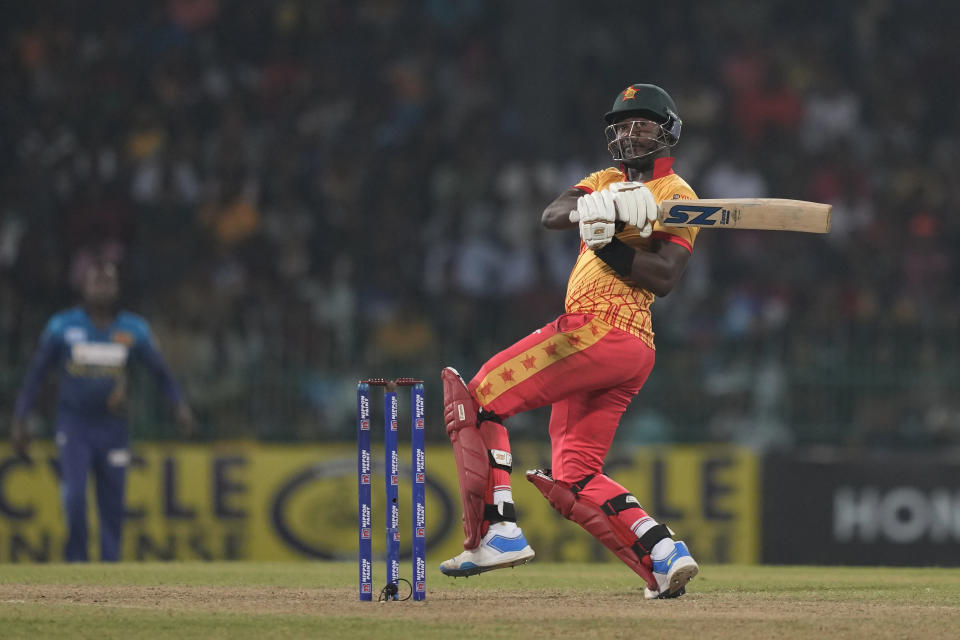 Zimbabwe's Luke Jongwe plays a shot during the second Twenty20 cricket match between Sri Lanka and Zimbabwe in Colombo, Sri Lanka, Tuesday, Jan. 16, 2024. (AP Photo/Eranga Jayawardena)