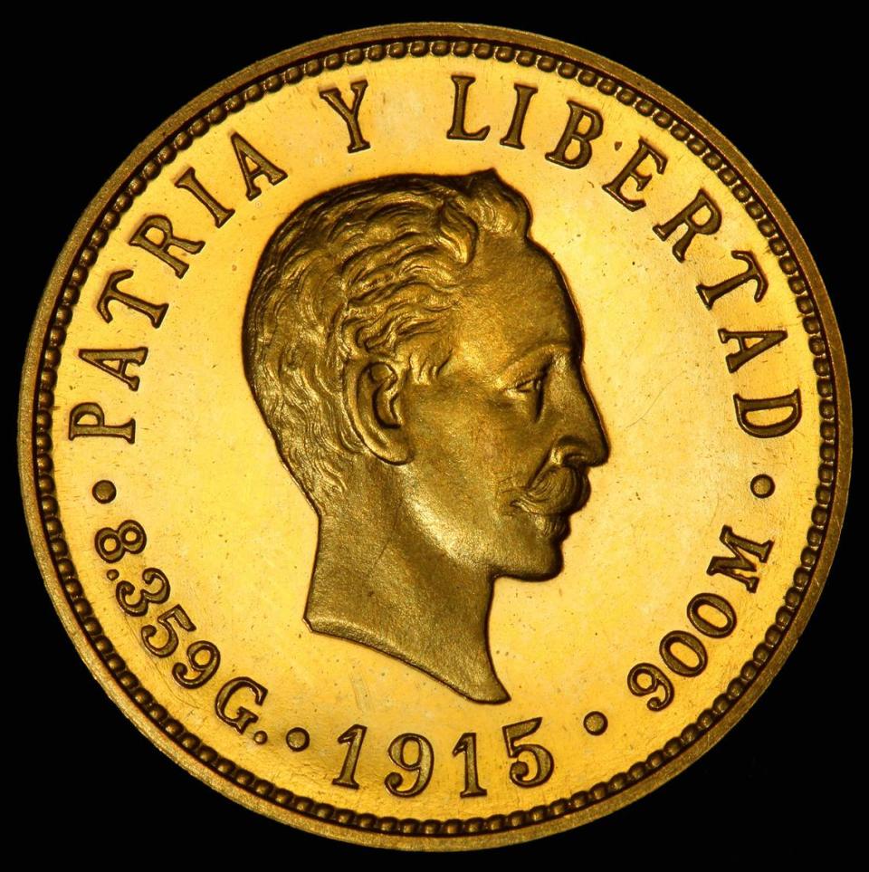 Moneda de oro de 5 pesos cubanos de 1915 con el rostro de perfil de José Martí.
