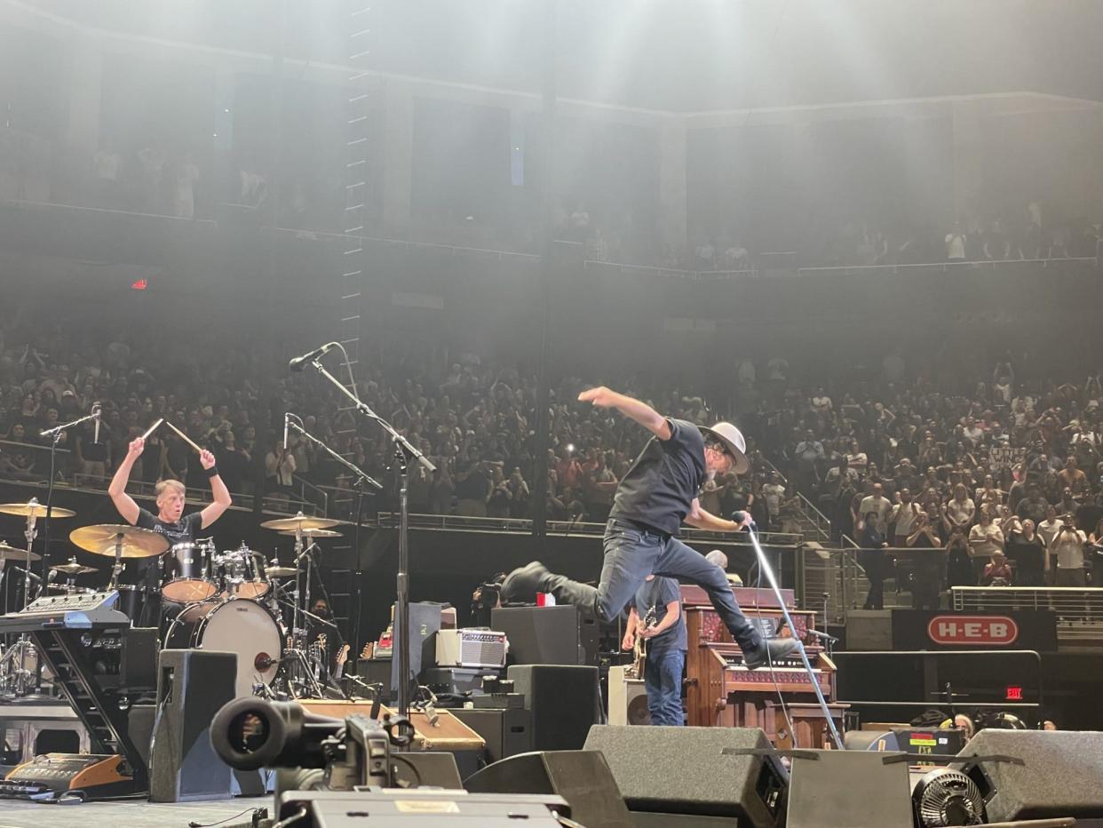 Lead singer Eddie Vedder, right, and drummer Matt Cameron perform during Pearl Jam's first of two Austin concerts at Moody Center on Monday. The Austin shows concluded their Gigaton tour.
