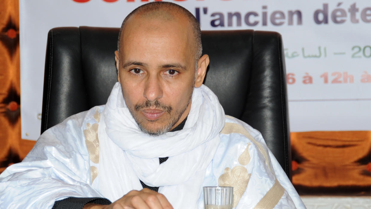 Former Guantanamo prisoner Mohamedou Ould Slahi, seated, at a press conference in Nouakchott, the capital of Mauritania.