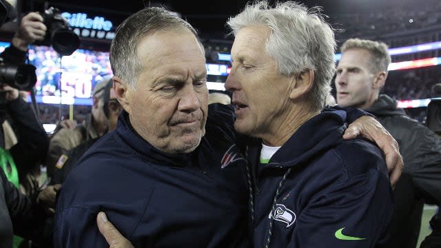 Bill Belichick and Pete Carroll meet at midfield following the Seahawks win over the Patriots in Foxboro in 2016.