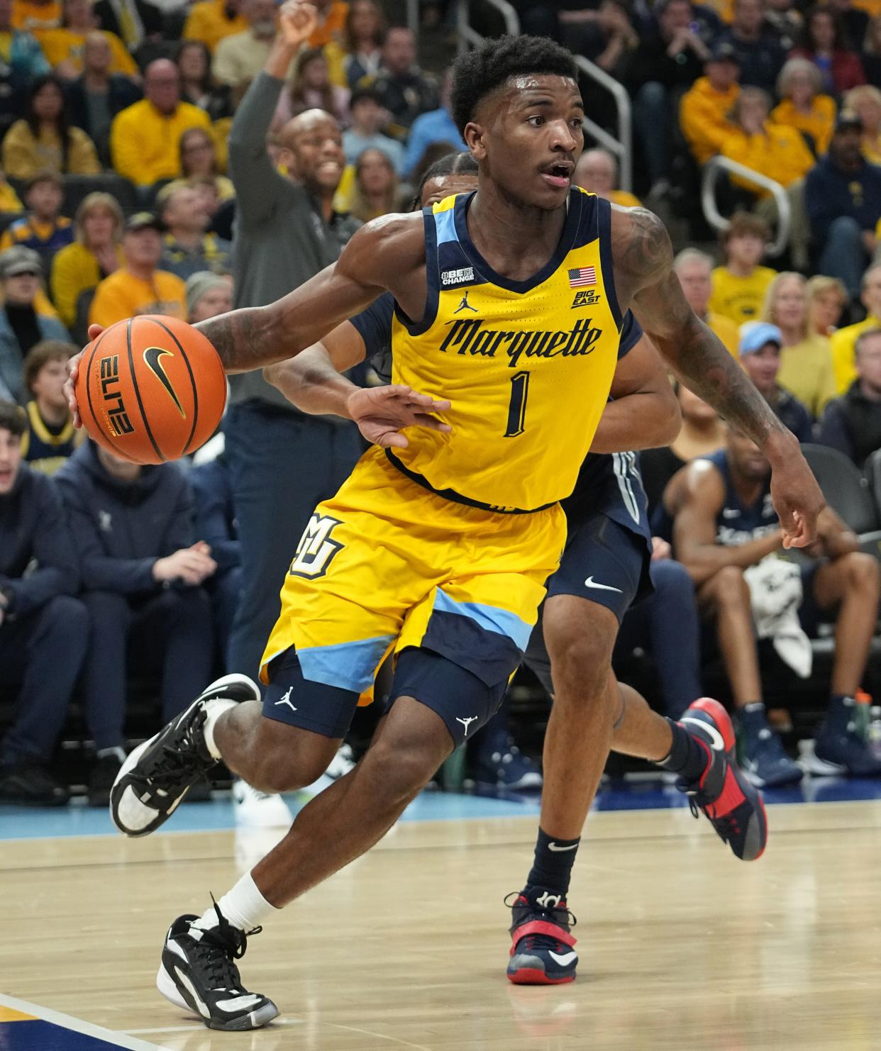 Marquette guard Kam Jones (1) tied a career-high with 34 points in the Golden Eagles' win over Xavier in February.