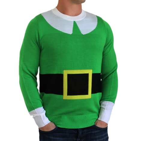 This elf sweater is an excellent example of a terrible gift for your man. Especially your big, burger-loving man.