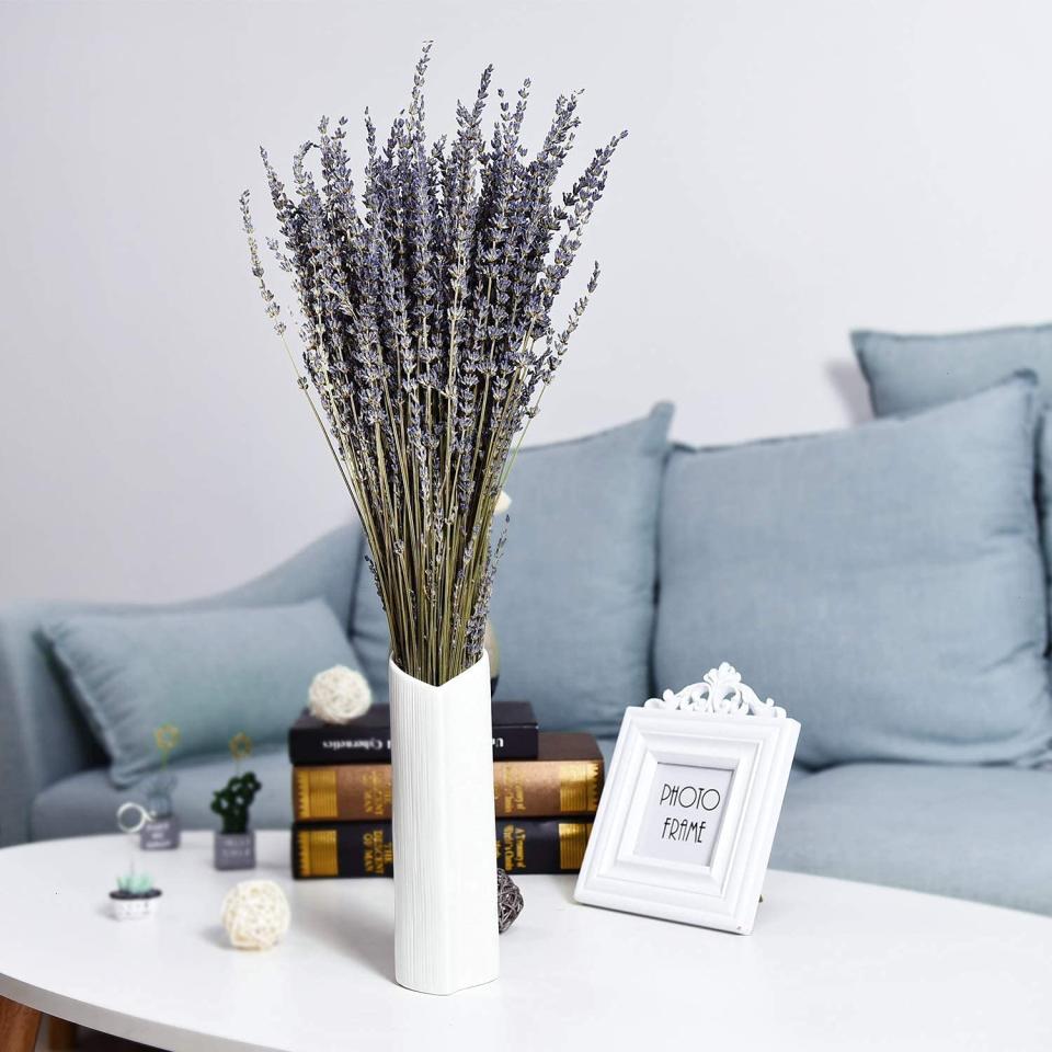 Lavender stems in a white vase