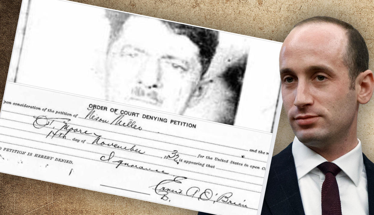 Stephen Miller with the document denying citizenship to his great-grandfather Nison Miller. (Photo illustration: Yahoo News; photos: AP, background Getty Images)