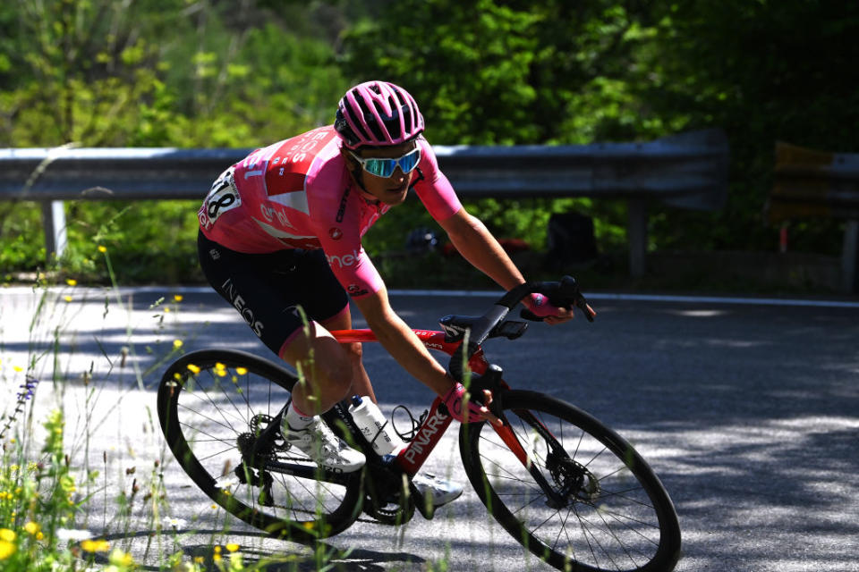 VAL DI ZOLDO  PALAFAVERA ITALY  MAY 25 Geraint Thomas of The United Kingdom and Team INEOS Grenadiers  Pink Leader Jersey competes during the 106th Giro dItalia 2023 Stage 18 a 161km stage from Oderzo to Val di Zoldo  Palafavera 1514m  UCIWT  on May 25 2023 in Val di Zoldo  Palafavera Italy Photo by Tim de WaeleGetty Images