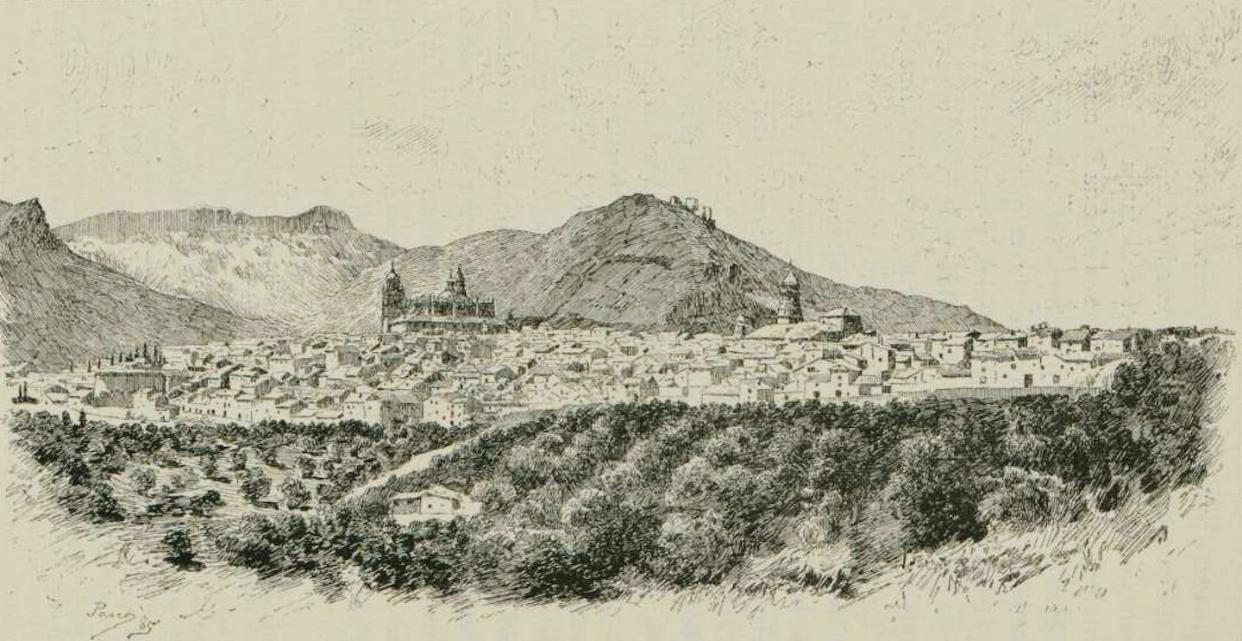 Grabado de Josep Pascó de 'La ciudad de Jaén y cercanías', del libro 'España, sus monumentos y sus artes, su naturaleza e historia. Granada, Jaén, Málaga y Almería', de Francisco Pi y Margall (1885). <a href="https://es.wikipedia.org/wiki/Archivo:1885,_Espa%C3%B1a,_sus_monumentos_y_sus_artes,_su_naturaleza_e_historia,_Granada,_Ja%C3%A9n,_M%C3%A1laga_y_Almer%C3%ADa,_Ja%C3%A9n,_la_ciudad_y_sus_cercan%C3%ADas,_Pasc%C3%B3_(cropped).jpg" rel="nofollow noopener" target="_blank" data-ylk="slk:Biblioteca Virtual de Andalucía / Wikimedia Commons;elm:context_link;itc:0;sec:content-canvas" class="link ">Biblioteca Virtual de Andalucía / Wikimedia Commons</a>