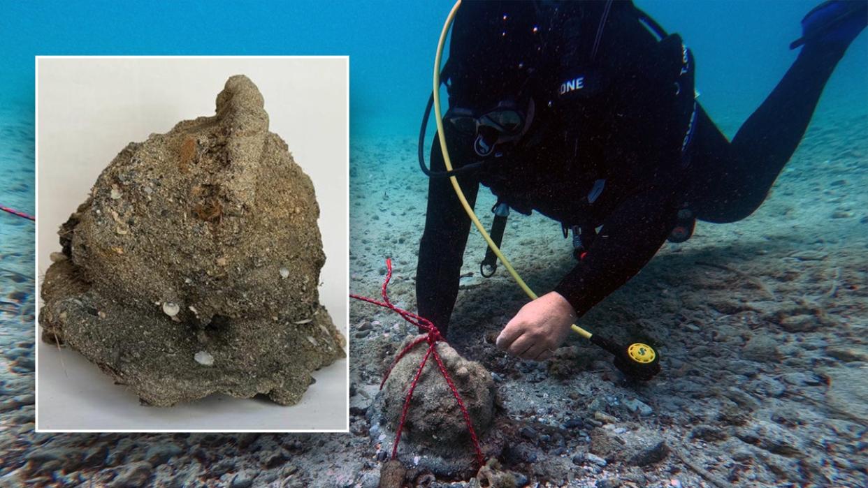 Split image of helmet and scuba diver