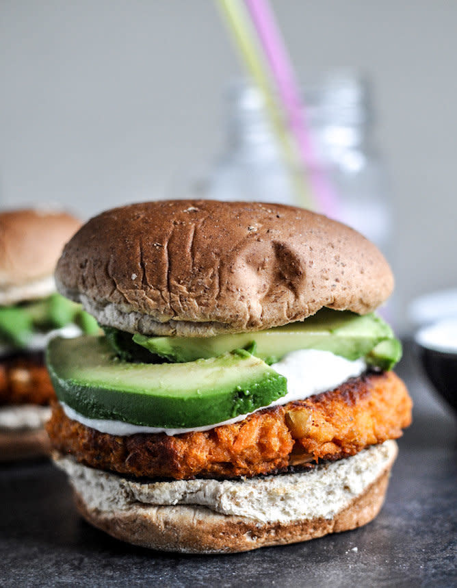 <strong>Get the <a href="http://www.howsweeteats.com/2012/09/smoky-sweet-potato-burgers-with-roasted-garlic-cream-and-avocado/" target="_blank">Smoky Sweet Potato Burgers with Roasted Garlic Cream and Avocado recipe</a> by How Sweet It Is</strong>