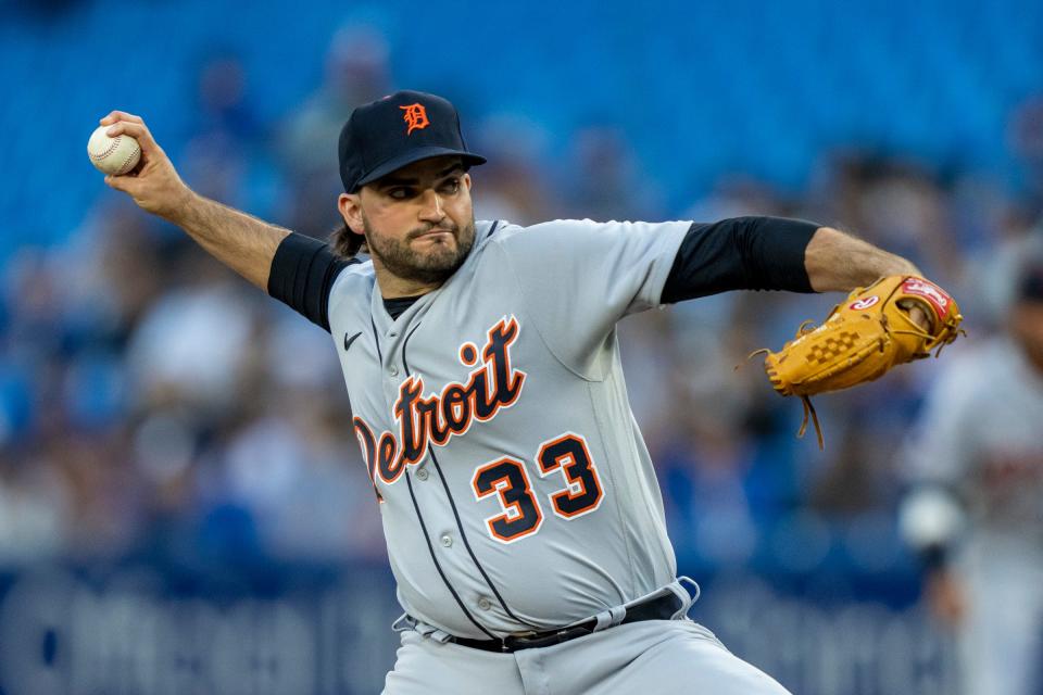 Detroit Tigers pitcher Bryan Garcia (33) delivers a pitch against the Toronto Blue Jays during the first inning at Rogers Centre in Toronto on Friday, July 29, 2022.