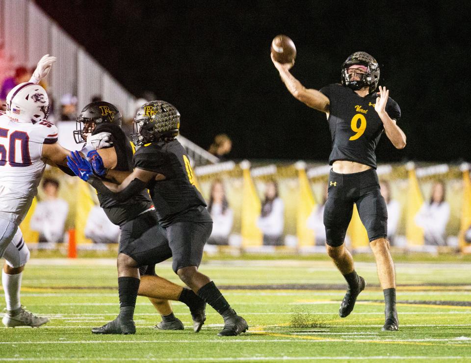 Carter Smith, the quarterback for the Bishop Verot High School football team throws during a game against Estero High School at Bishop Verot on Friday, Oct. 27, 2023. Bishop Verot won 52-0.