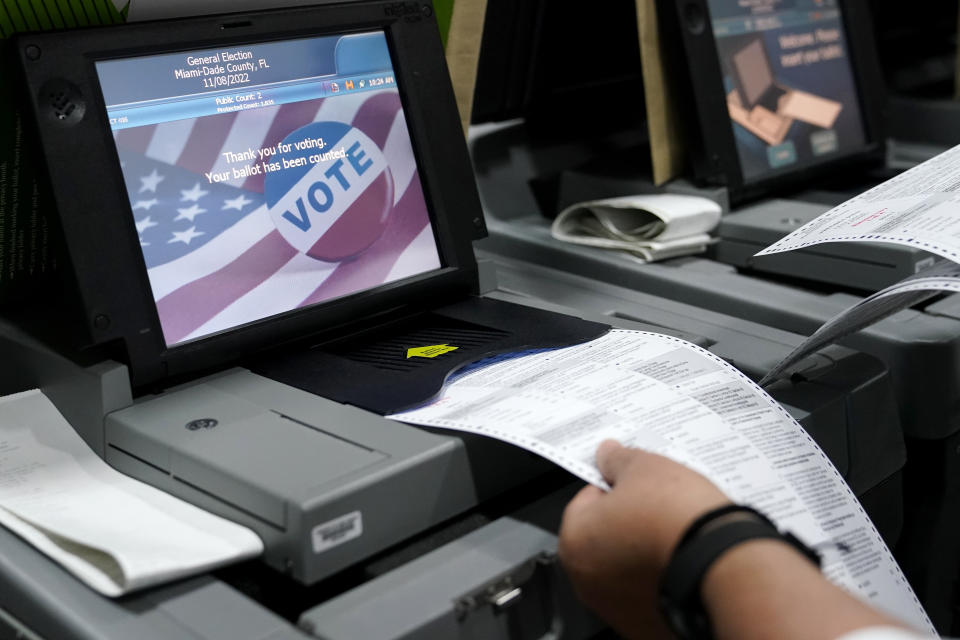 FILE - Employees test voting equipment at the Miami-Dade County Elections Department, Oct. 19, 2022, in Miami, in advance of the 2022 midterm elections on November 8. Top U.S. election security officials say protecting the nation’s voting systems has become increasingly more challenging. That’s due mostly to the embrace by millions of Americans of unfounded conspiracy theories and false claims about widespread fraud in the 2020 presidential race. (AP Photo/Lynne Sladky, File)