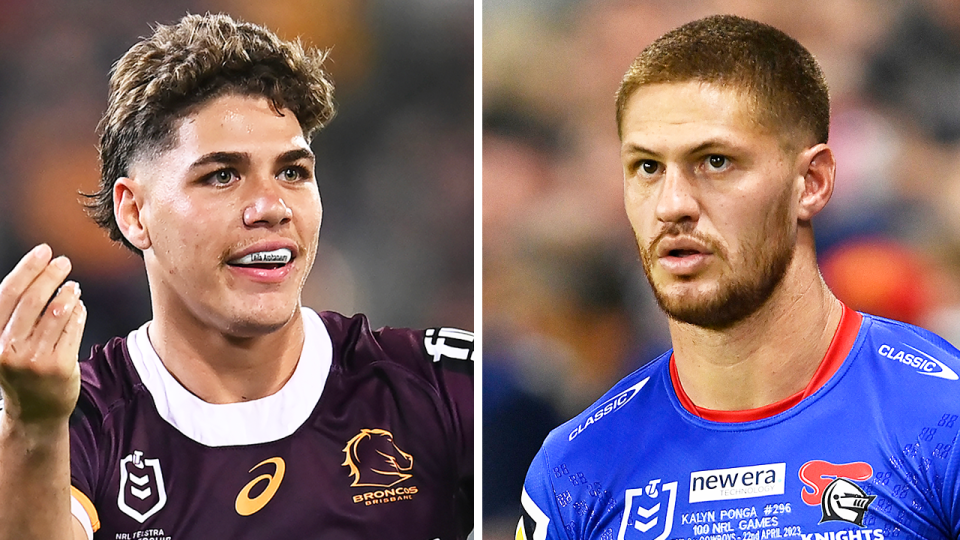 Reece Walsh celebrates and Kalyn Ponga watches on.