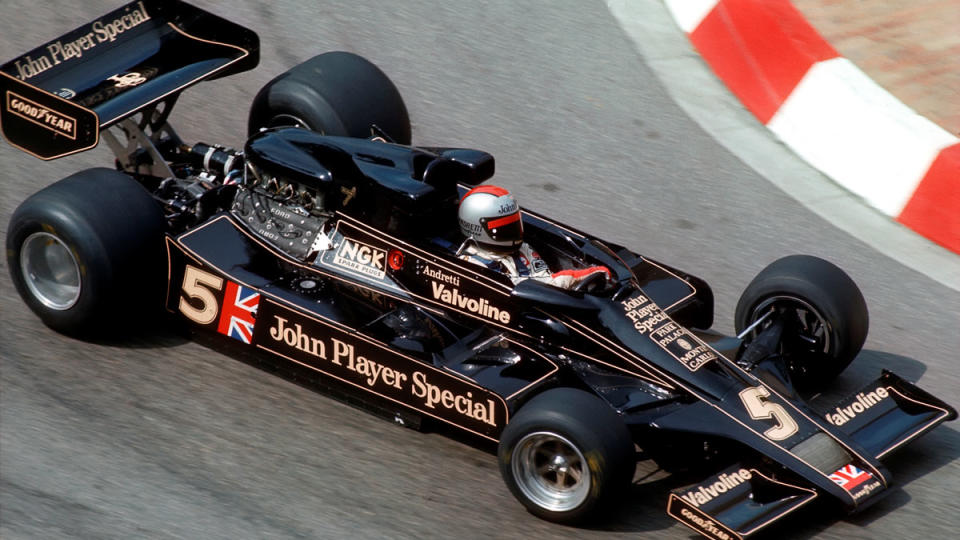 Mario Andretti pilots his Lotus-Ford 78 race car during the 1978 Monaco Grand Prix.